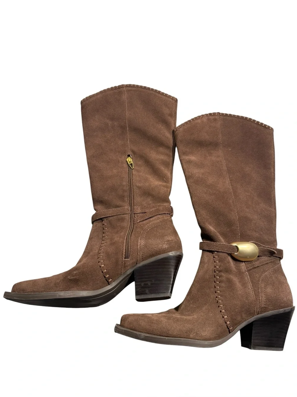 Dolce Vita 7.5 Dark Brown Suede Raylin Western Boot 2.5” Block Heel Gold Accent